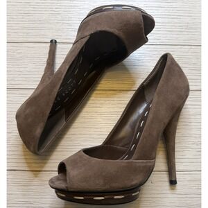 Blake Scott Suede Brown Peep Toe 5" Stiletto Heels Shoes Contrast Stitch Glam 7M